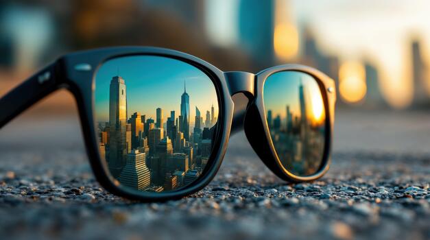 sunglasses-reflecting-a-modern-city-skyline-at-sunset-placed-on-textured-ground-with-blurred-urban-background-free-photo